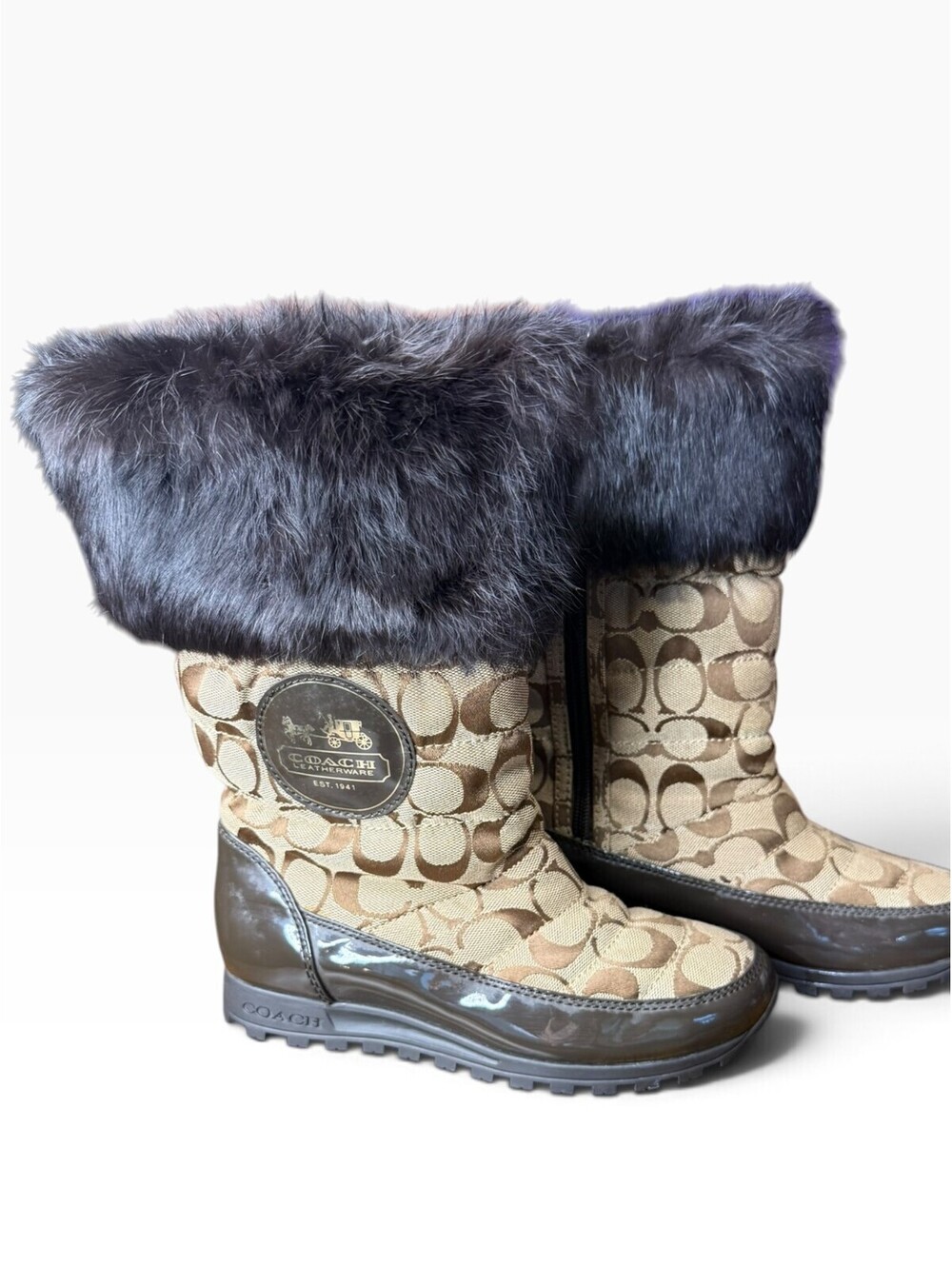 Coach Signature C Jacquard Mid Calf Winter Boots Faux Fur Trim Size 5B